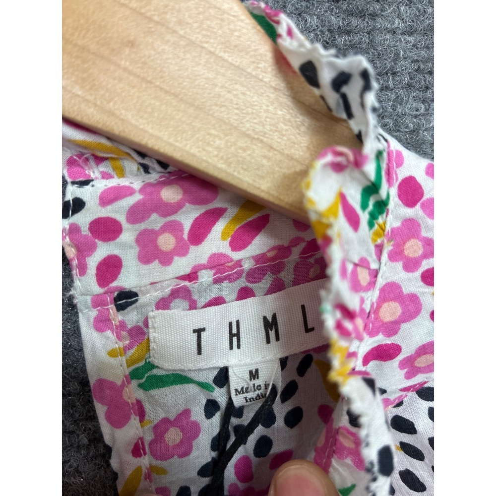 THML Flower Print Flutter Sleeve Top Pink Floral Polka Dot Cotton Blouse Medium - Picture 2 of 6